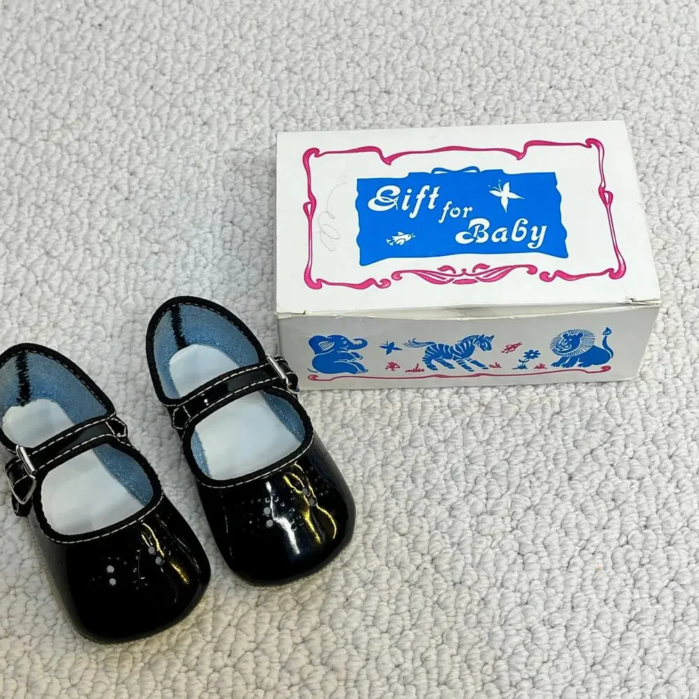 Mary Janes Girl's Baby Shoes Black Gift Box Size 2 Soft Bottoms USA Made VTG
